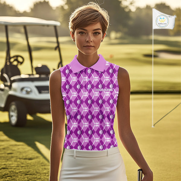 Women sleeveless polo shirt custom light purple argyle plaid pattern golf attire for ladies NQS10437