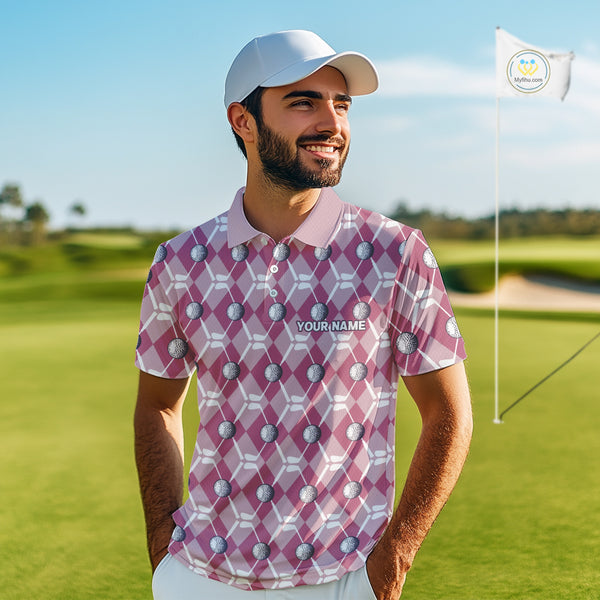 Mens golf polo shirts custom pink argyle plaid pattern golf attire for men, golfer gifts NQS10443