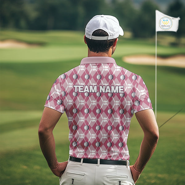 Mens golf polo shirts custom pink argyle plaid pattern golf attire for men, golfer gifts NQS10443