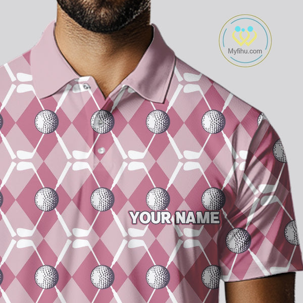 Mens golf polo shirts custom pink argyle plaid pattern golf attire for men, golfer gifts NQS10443