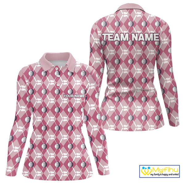 Women golf polo shirts custom pink argyle plaid pattern golf attire for ladies, golfer gifts NQS10443