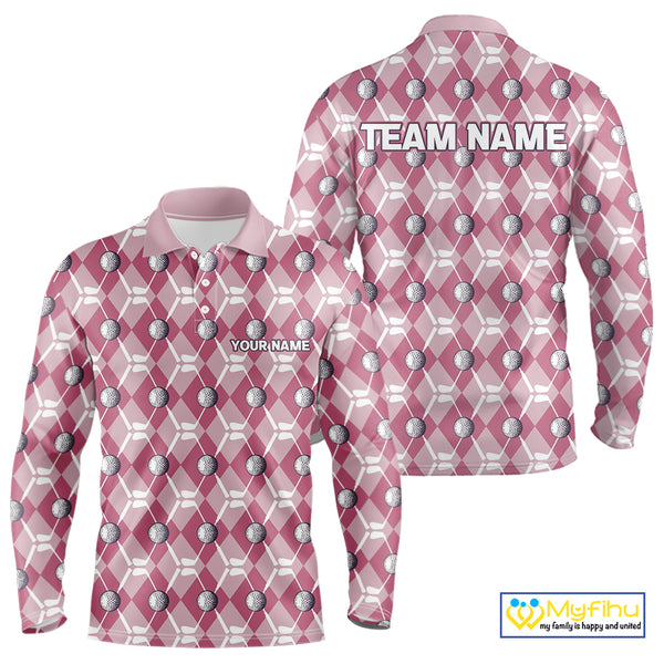 Mens golf polo shirts custom pink argyle plaid pattern golf attire for men, golfer gifts NQS10443