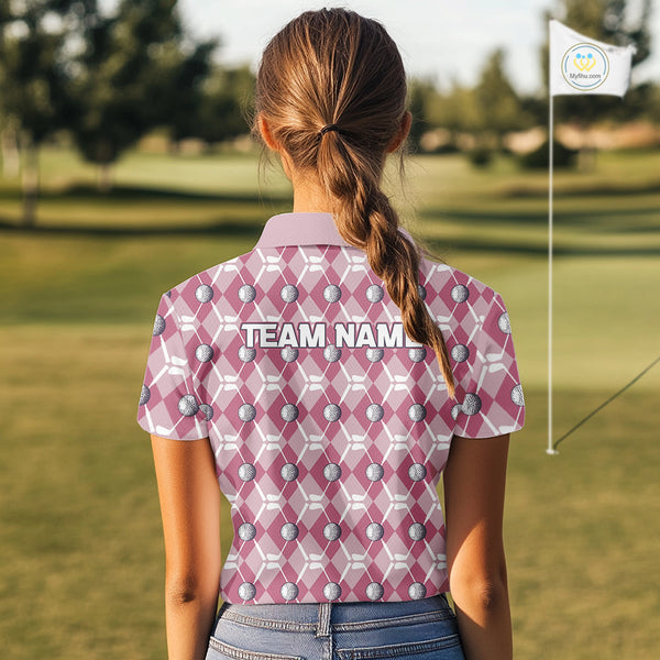 Women golf polo shirts custom pink argyle plaid pattern golf attire for ladies, golfer gifts NQS10443