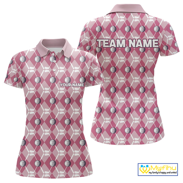 Women golf polo shirts custom pink argyle plaid pattern golf attire for ladies, golfer gifts NQS10443