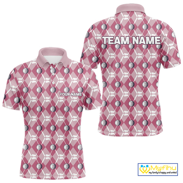 Mens golf polo shirts custom pink argyle plaid pattern golf attire for men, golfer gifts NQS10443