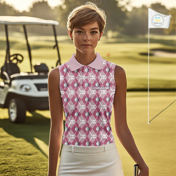 Women sleeveless polo shirt custom pink argyle plaid pattern golf attire for ladies NQS10443