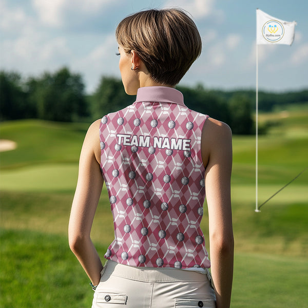 Women sleeveless polo shirt custom pink argyle plaid pattern golf attire for ladies NQS10443