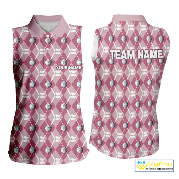 Women sleeveless polo shirt custom pink argyle plaid pattern golf attire for ladies NQS10443