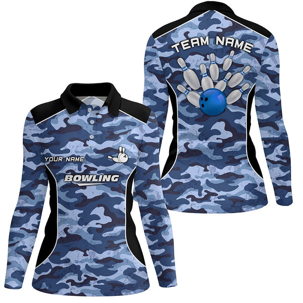 Women bowling polo shirts Custom bowling ball and pins blue camo Bowling Team Jersey for women NQS6361