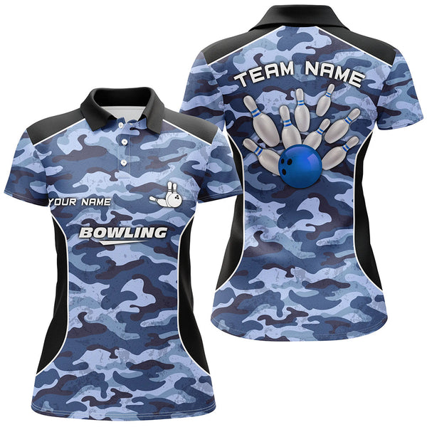 Women bowling polo shirts Custom bowling ball and pins blue camo Bowling Team Jersey for women NQS6361