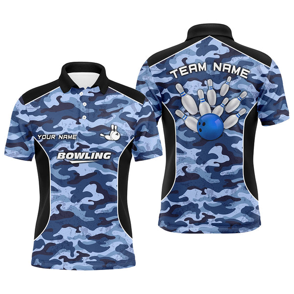 Mens polo bowling shirts Custom bowling ball and pins blue camo Bowling Team Jersey for men NQS6361