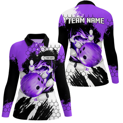 Purple Flame bowling ball and pins jerseys Custom Team League Bowling Polo Shirts For Women NQS6578