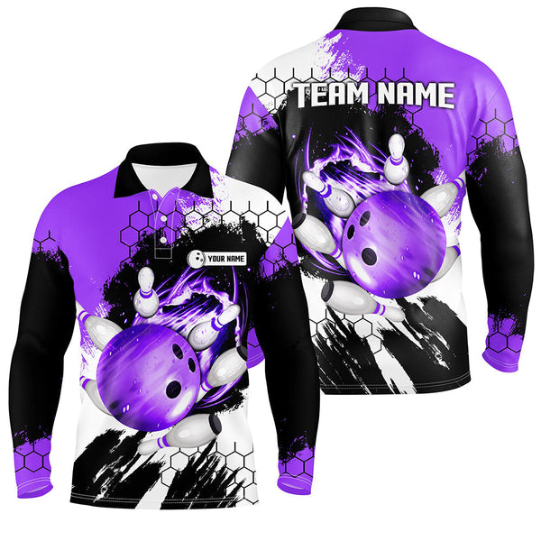 Purple Flame bowling ball and pins jerseys Custom Team League Bowling Polo Shirts For Men NQS6578