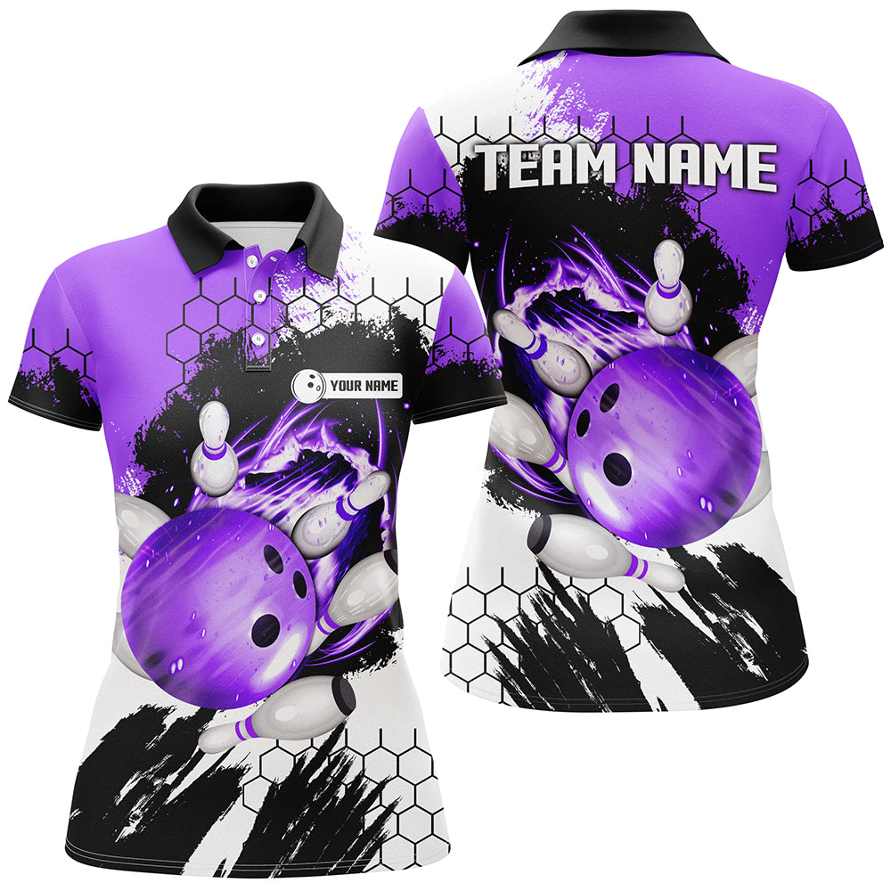 Purple Flame bowling ball and pins jerseys Custom Team League Bowling Polo Shirts For Women NQS6578
