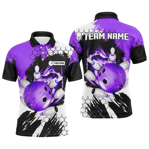 Purple Flame bowling ball and pins jerseys Custom Team League Bowling Polo Shirts For Men NQS6578