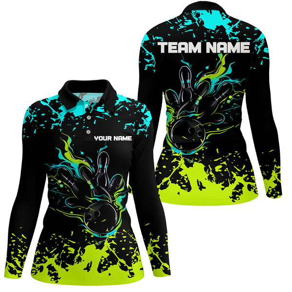 Personalized Cyan Blue and Green Bowling Shirts For Women, Bowling Balls And Pins Bowling Team Shirts NQS8917