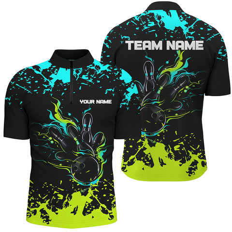 Personalized Cyan Blue and Green Bowling Shirts For Men, Bowling Balls And Pins Bowling Team Shirts NQS8917