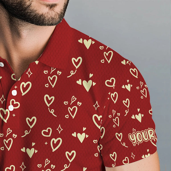 Gold Heart Red pattern Mens golf polo shirts custom Valentines golf gift for him  NQS9368