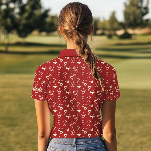 Gold Heart Red pattern Women golf polo shirt custom Valentines golf gift for her NQS9368