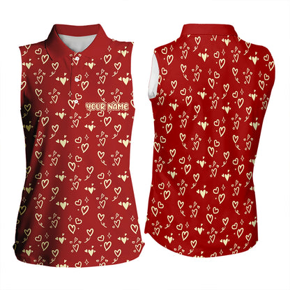 Gold Heart Red pattern Women sleeveless polo shirt custom Valentines golf gift for her NQS9368