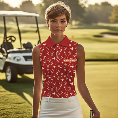 Gold Heart Red pattern Women sleeveless polo shirt custom Valentines golf gift for her NQS9368