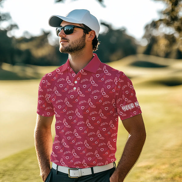 Pink Heart Wings pattern Mens golf polo shirts custom Valentines golf shirts for mens, gift for him NQS9369