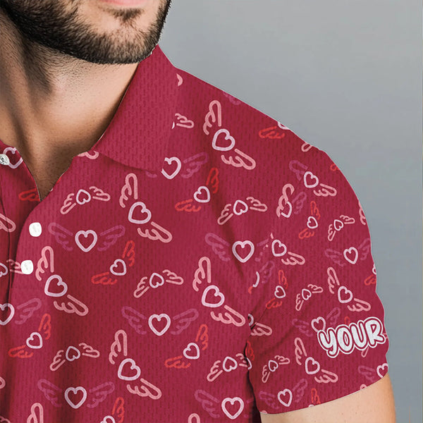 Pink Heart Wings pattern Mens golf polo shirts custom Valentines golf shirts for mens, gift for him NQS9369