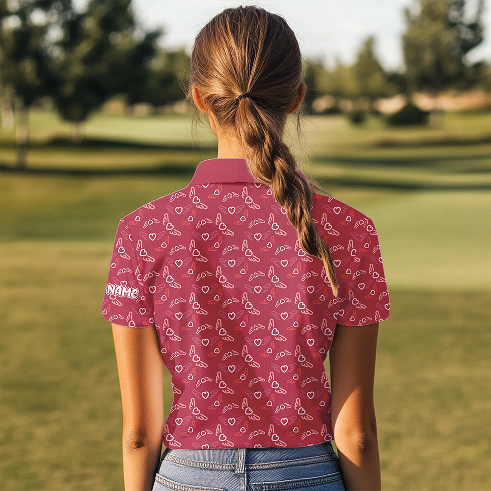 Pink Heart Wings pattern Women golf polo shirts custom Valentines golf shirts for ladies, gift for her NQS9369