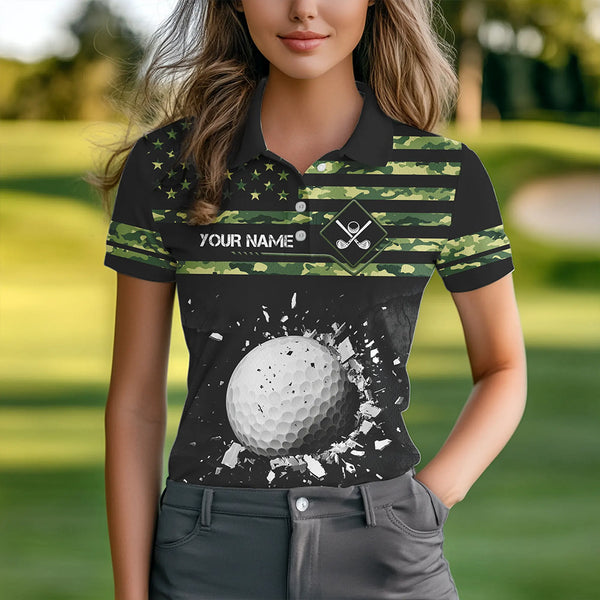 Green Camo American flag black Women golf polo shirts custom patriotic team golf apparel for ladies NQS9517