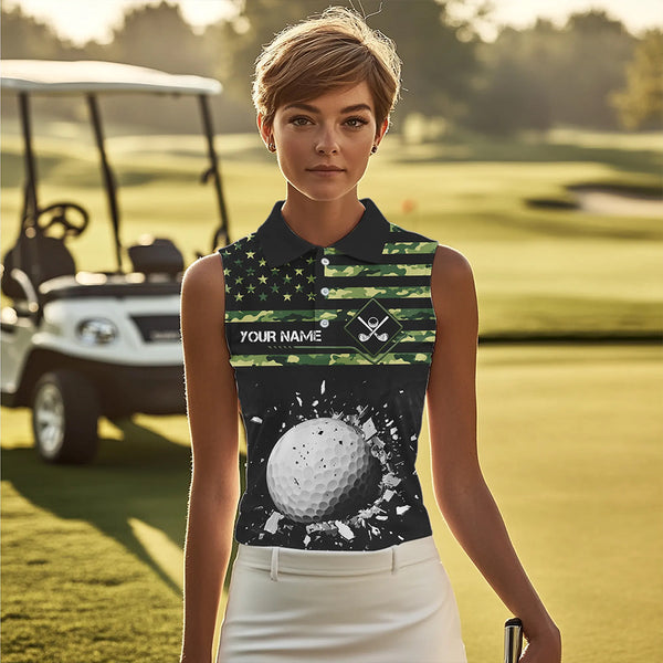 Green Camo American flag black Women sleeveless polo shirt custom patriotic team ladies golf apparel NQS9517