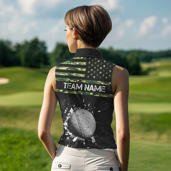 Green Camo American flag black Women sleeveless polo shirt custom patriotic team ladies golf apparel NQS9517