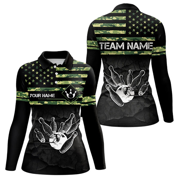 Personalized Green camo American flag Custom Bowling Team Shirts For Women, Bowling League Jersey NQS9518