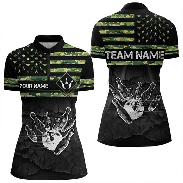 Personalized Green camo American flag Custom Bowling Team Shirts For Women, Bowling League Jersey NQS9518
