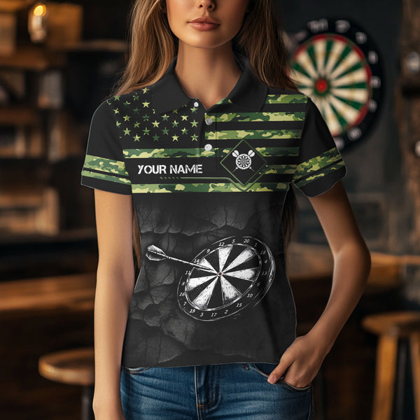 Green camo American Flag Dart jerseys Polo, 1/4 Zip Shirt for Women Custom Patriotic Darts Team shirts NQS9519