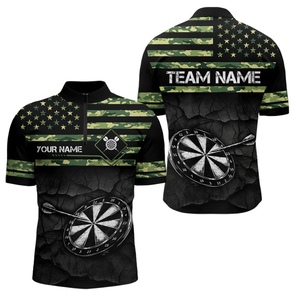 Green camo American Flag Dart jerseys Polo, 1/4 Zip Shirt for Men Custom Patriotic Darts Team shirts NQS9519