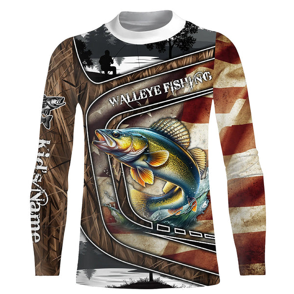 Walleye Fishing camo American flag patriotic Customize name long sleeves fishing shirts NQS1433