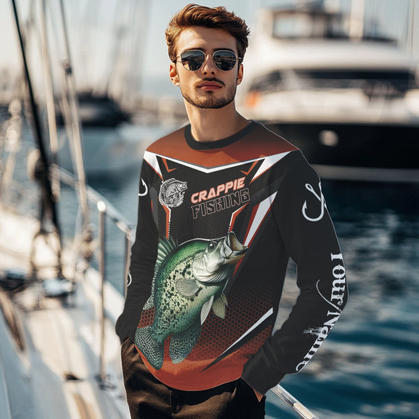 Black and Orange Crappie Long Sleeve Fishing Shirts, Personalized Crappie Fishing Tounament Jerseys NQS9680