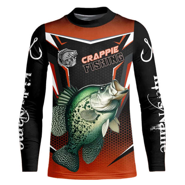Black and Orange Crappie Long Sleeve Fishing Shirts, Personalized Crappie Fishing Tounament Jerseys NQS9680