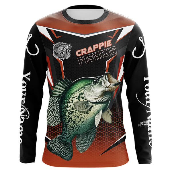 Black and Orange Crappie Long Sleeve Fishing Shirts, Personalized Crappie Fishing Tounament Jerseys NQS9680