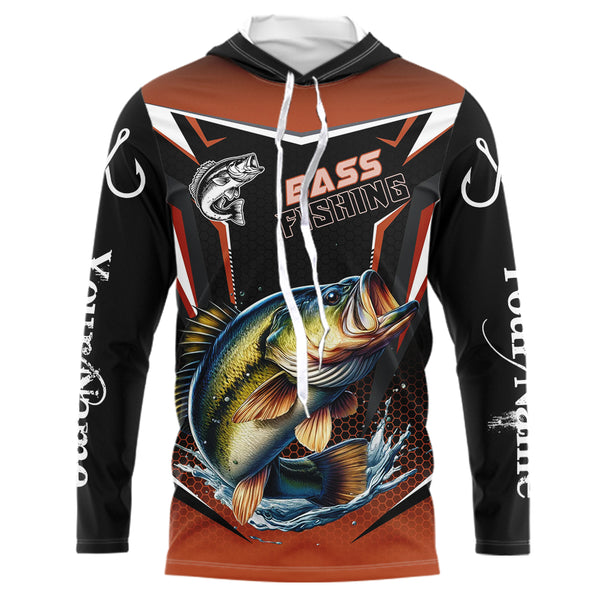 Black and Orange Largemouth Bass Long Sleeve Fishing Shirt, Personalized Bass Fishing Tounament Jersey NQS9681