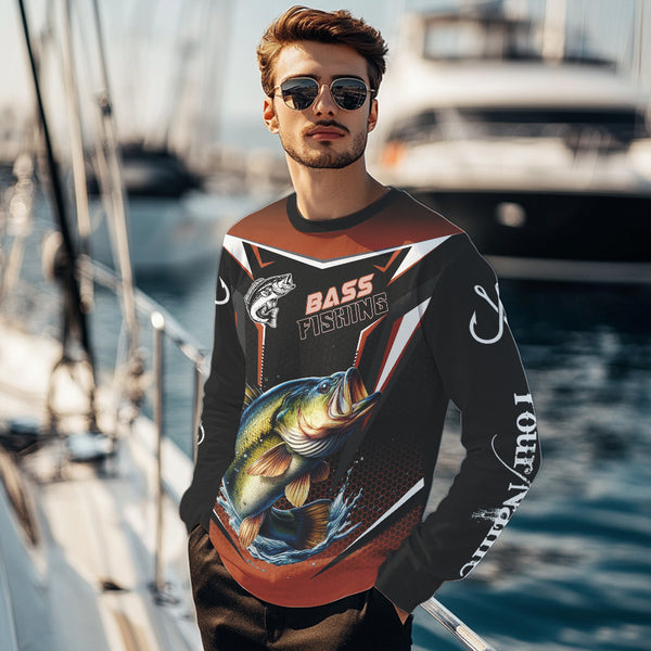 Black and Orange Largemouth Bass Long Sleeve Fishing Shirt, Personalized Bass Fishing Tounament Jersey NQS9681