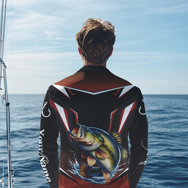 Black and Orange Largemouth Bass Long Sleeve Fishing Shirt, Personalized Bass Fishing Tounament Jersey NQS9681
