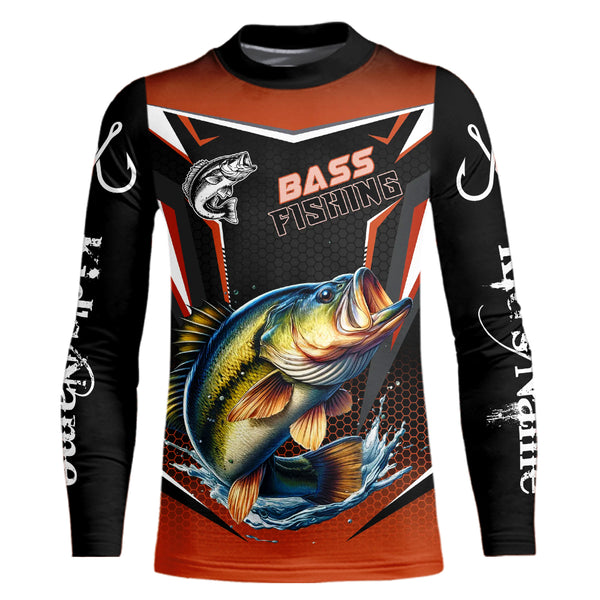 Black and Orange Largemouth Bass Long Sleeve Fishing Shirt, Personalized Bass Fishing Tounament Jersey NQS9681