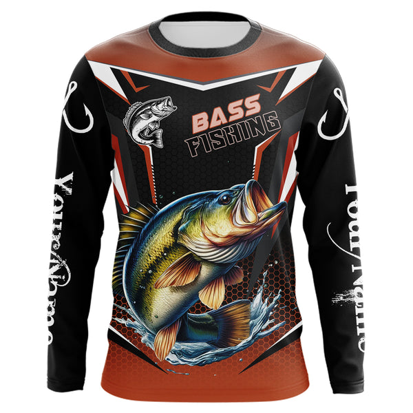 Black and Orange Largemouth Bass Long Sleeve Fishing Shirt, Personalized Bass Fishing Tounament Jersey NQS9681