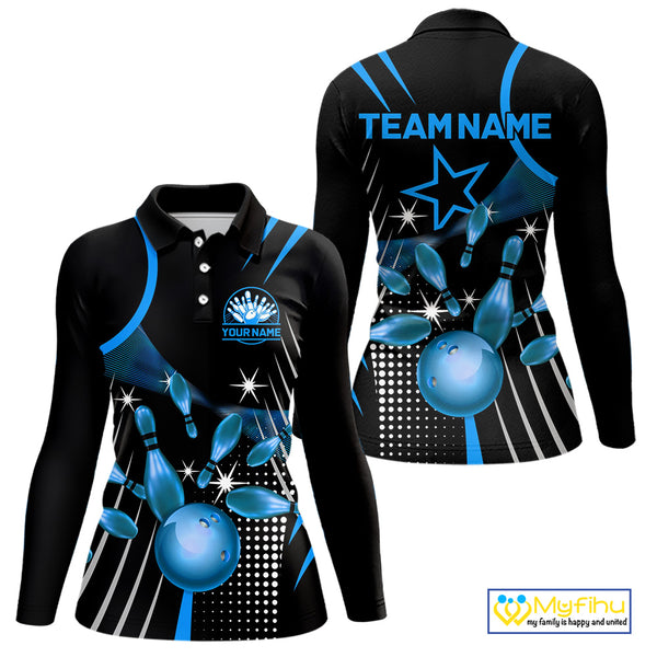 Black and Blue Women Bowling Polo, Quarter Zip Shirts Custom Bowling outfit Women Team Jerseys NQS9956