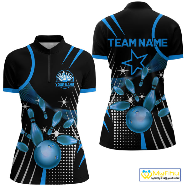 Black and Blue Women Bowling Polo, Quarter Zip Shirts Custom Bowling outfit Women Team Jerseys NQS9956