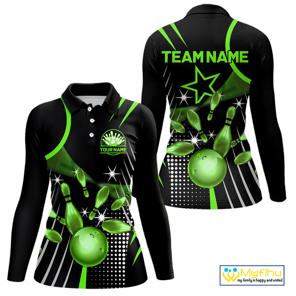 Black and Green Women Bowling Polo, Quarter Zip Shirts Custom Bowling outfit ladies Team Jerseys NQS9957