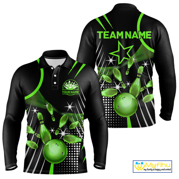 Black and Green Mens Bowling Polo, Quarter Zip Shirts Custom Bowling outfit men Team Jerseys NQS9957