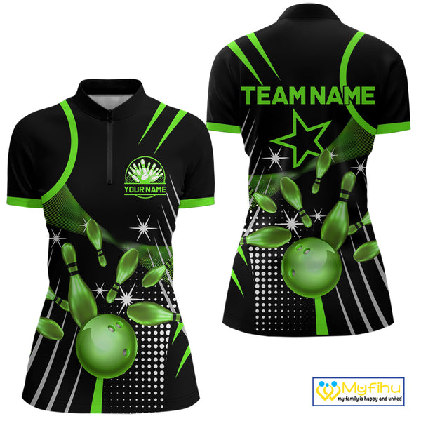 Black and Green Women Bowling Polo, Quarter Zip Shirts Custom Bowling outfit ladies Team Jerseys NQS9957