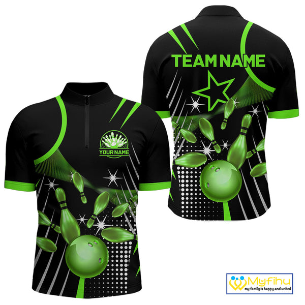 Black and Green Mens Bowling Polo, Quarter Zip Shirts Custom Bowling outfit men Team Jerseys NQS9957